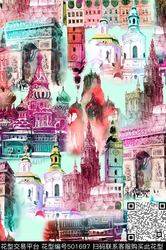 手绘休闲风建筑风景手绘数码印花华亿平台下载（图片编号: 501697） - 瓦栏（Walan）