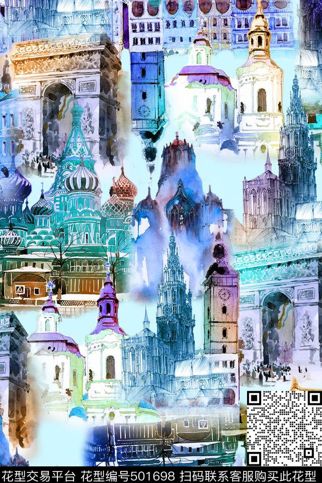 手绘休闲风建筑风景手绘数码印花华亿平台下载（图片编号: 501698） - 瓦栏（Walan）
