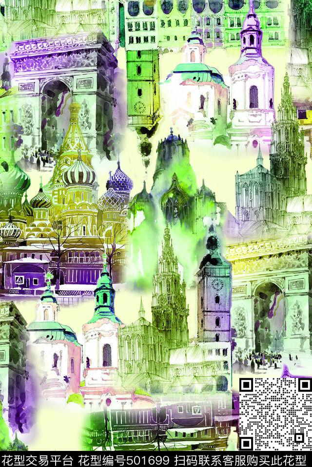 手绘休闲风建筑风景手绘数码印花华亿平台下载（图片编号: 501699） - 瓦栏（Walan）