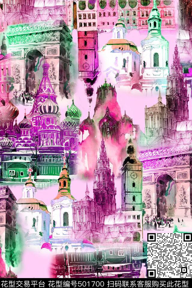 手绘休闲风建筑风景手绘数码印花华亿平台下载（图片编号: 501700） - 瓦栏（Walan）