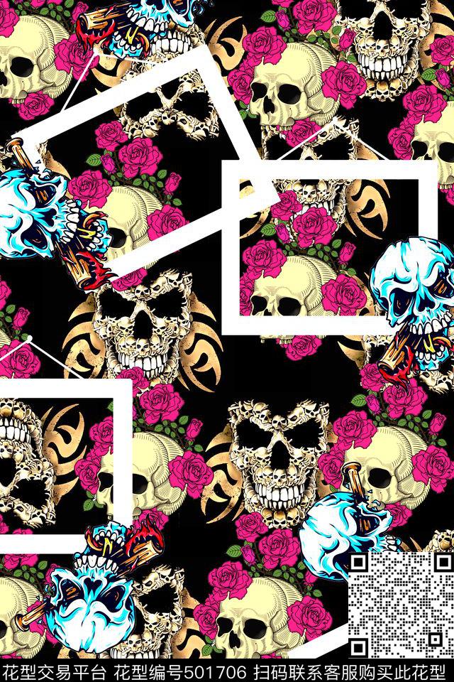 花卉骷髅头几何数码印花华亿平台下载（图片编号: 501706） - 瓦栏（Walan）