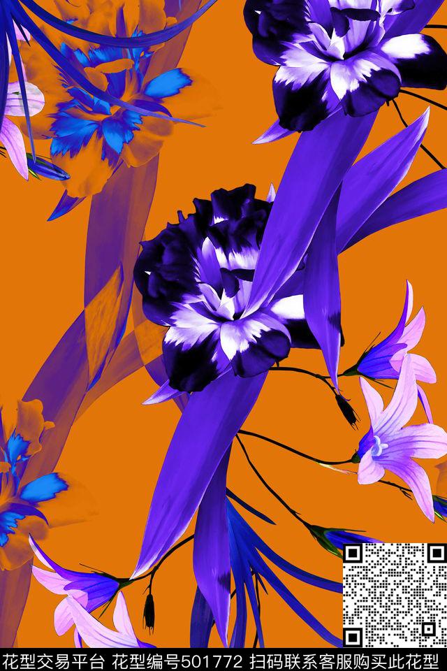 秋冬暖色底大花卉数码印花华亿平台下载（图片编号: 501772） - 瓦栏（Walan）