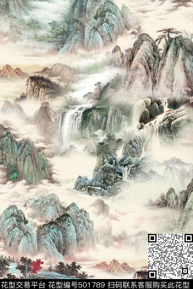 山水松树中国画数码印花华亿平台下载（图片编号: 501789） - 瓦栏（Walan）