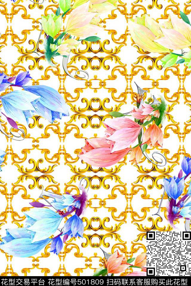 时尚金属花纹花卉数码印花华亿平台下载（图片编号: 501809） - 瓦栏（Walan）