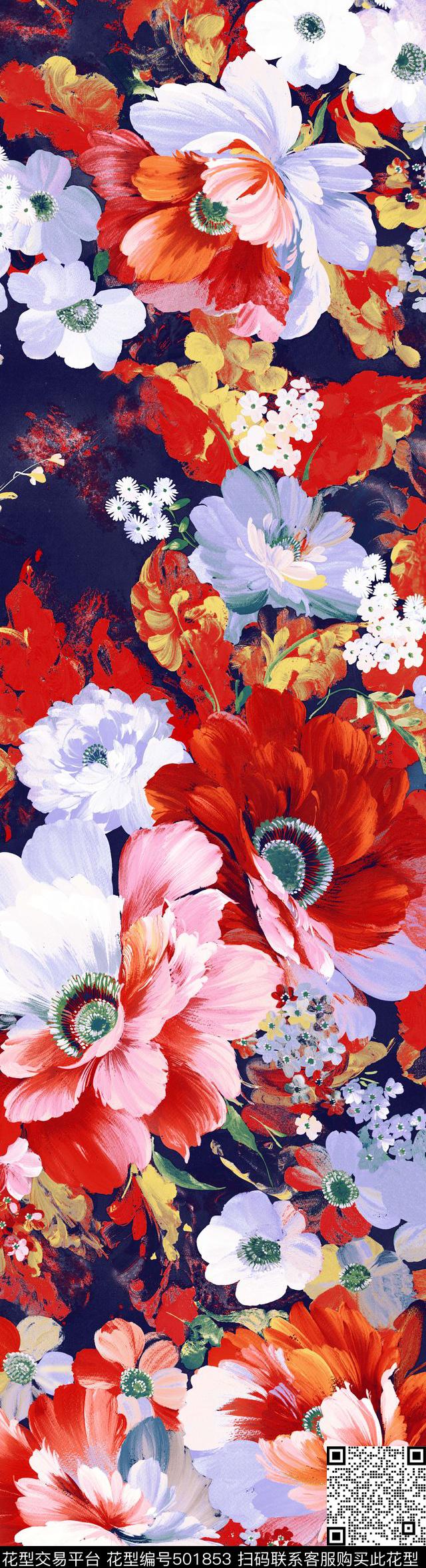 潮流花卉手绘数码印花华亿平台下载（图片编号: 501853） - 瓦栏（Walan）