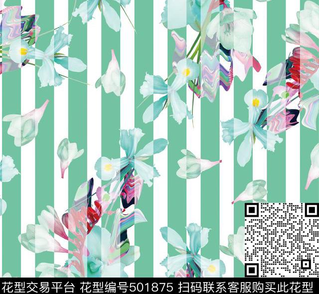 条纹白底花时尚流行风装装饰通用华亿平台数码印花华亿平台下载（图片编号: 501875） - 瓦栏（Walan）