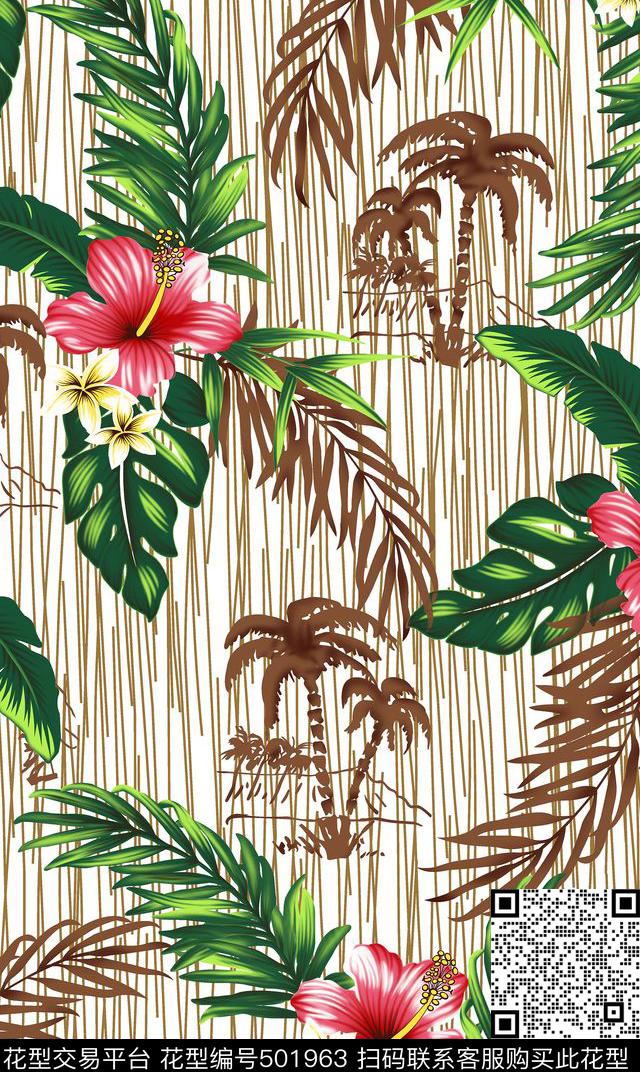 热带植物鸡蛋花椰树传统印花华亿平台下载（图片编号: 501963） - 瓦栏（Walan）