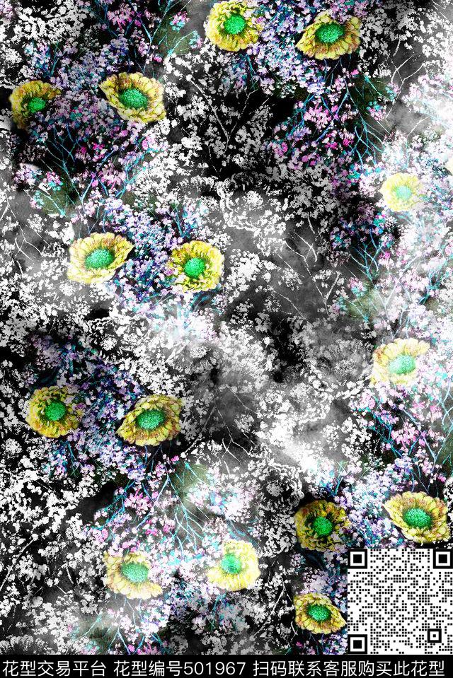 黑白灰迷雾花卉数码印花华亿平台下载（图片编号: 501967） - 瓦栏（Walan）