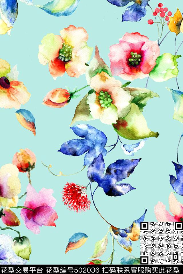 时尚水彩花卉数码印花华亿平台下载（图片编号: 502036） - 瓦栏（Walan）