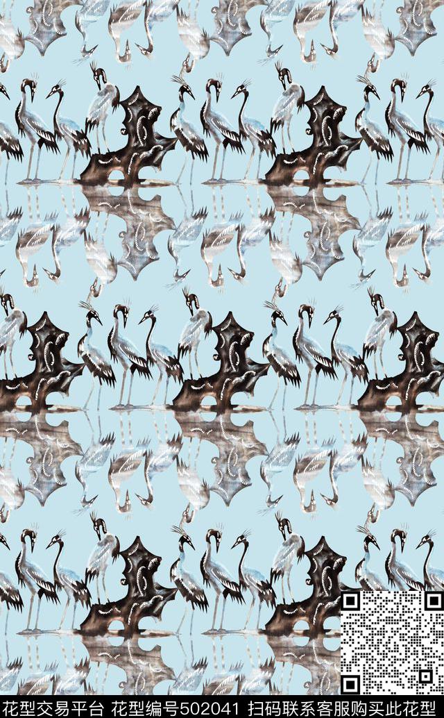 水墨仙鹤图案中国风小图案倒影仙鹤数码印花华亿平台下载（图片编号: 502041） - 瓦栏（Walan）