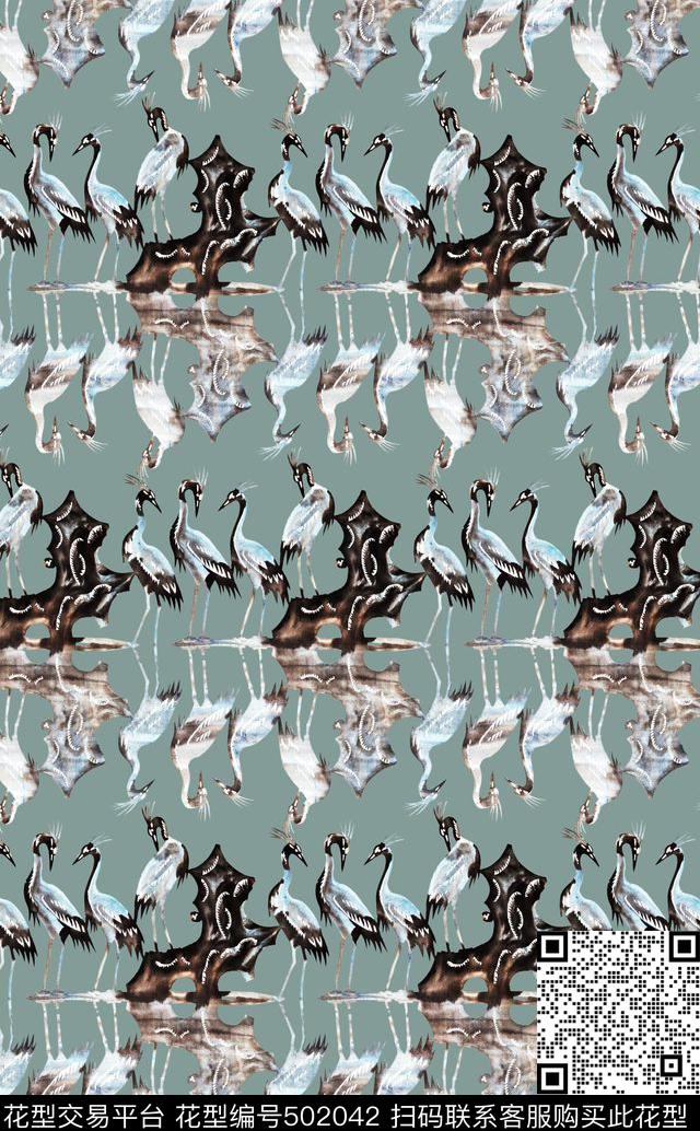 中国风水墨仙鹤图案数码印花华亿平台下载（图片编号: 502042） - 瓦栏（Walan）