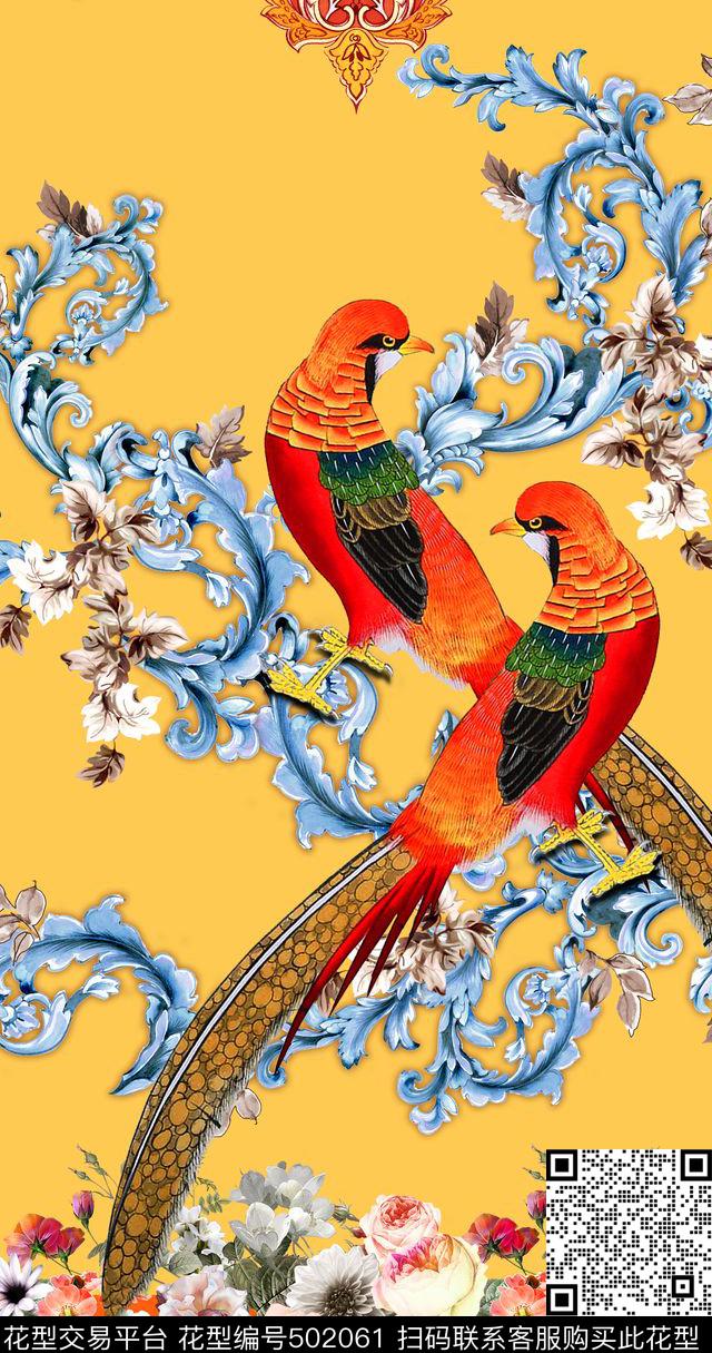 鸟欧式花纹手绘数码印花华亿平台下载（图片编号: 502061） - 瓦栏（Walan）
