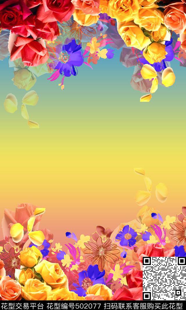 玫瑰花卉定位数码印花华亿平台下载（图片编号: 502077） - 瓦栏（Walan）
