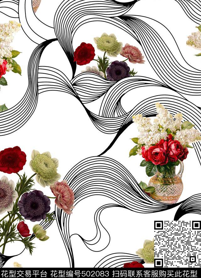 女装潮流时尚大牌抽象线条数码印花华亿平台下载（图片编号: 502083） - 瓦栏（Walan）