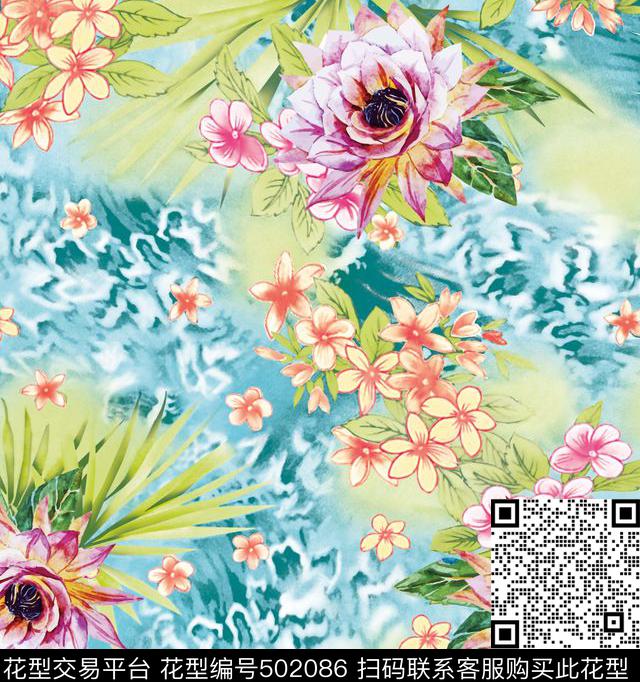 女装潮流时尚大牌手绘水彩花卉数码印花华亿平台下载（图片编号: 502086） - 瓦栏（Walan）