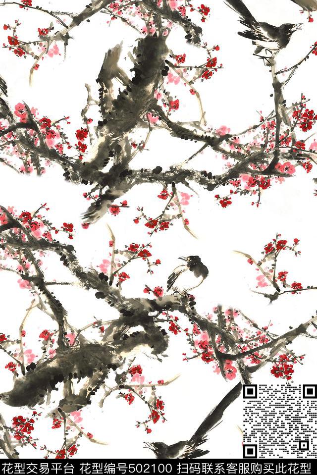 梅花喜鹊中国画数码印花华亿平台下载（图片编号: 502100） - 瓦栏（Walan）