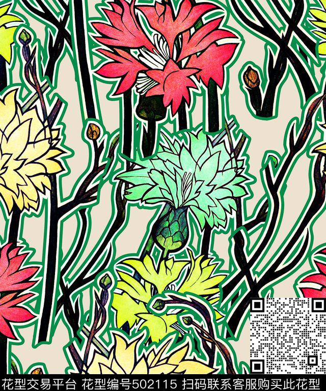 线条钩边花卉数码印花华亿平台下载（图片编号: 502115） - 瓦栏（Walan）