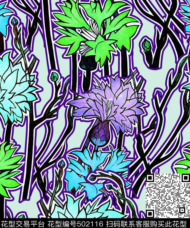 线条钩边花卉数码印花华亿平台下载（图片编号: 502116） - 瓦栏（Walan）