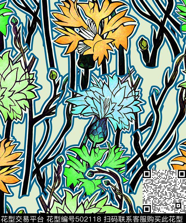 线条钩边花卉数码印花华亿平台下载（图片编号: 502118） - 瓦栏（Walan）