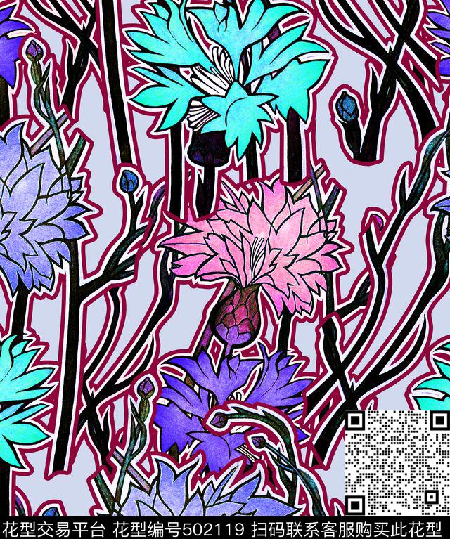 线条钩边花卉数码印花华亿平台下载（图片编号: 502119） - 瓦栏（Walan）