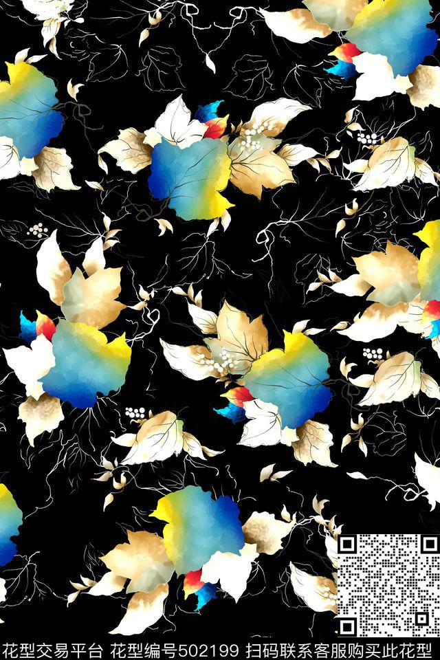 花卉叶子叶脉数码印花华亿平台下载（图片编号: 502199） - 瓦栏（Walan）