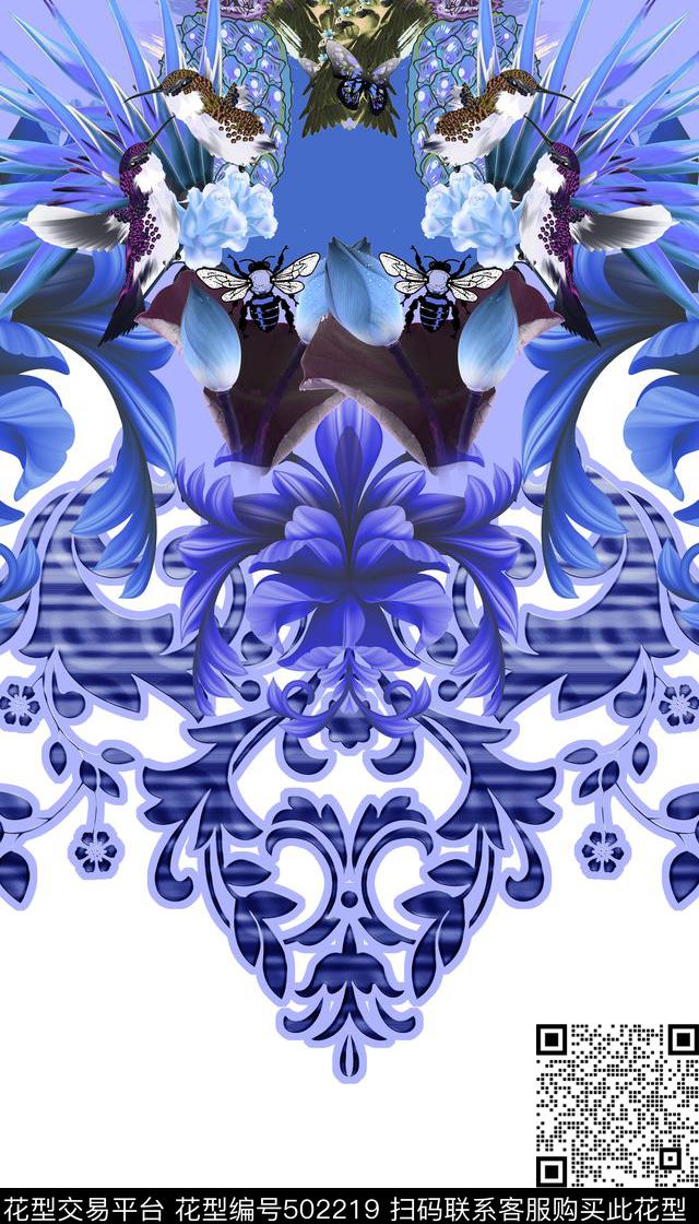 女装二方连续花鸟植物数码印花华亿平台下载（图片编号: 502219） - 瓦栏（Walan）