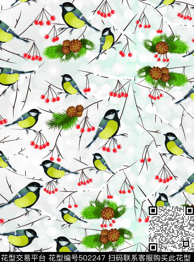 日系小清新小鸟樱桃数码印花华亿平台下载（图片编号: 502247） - 瓦栏（Walan）