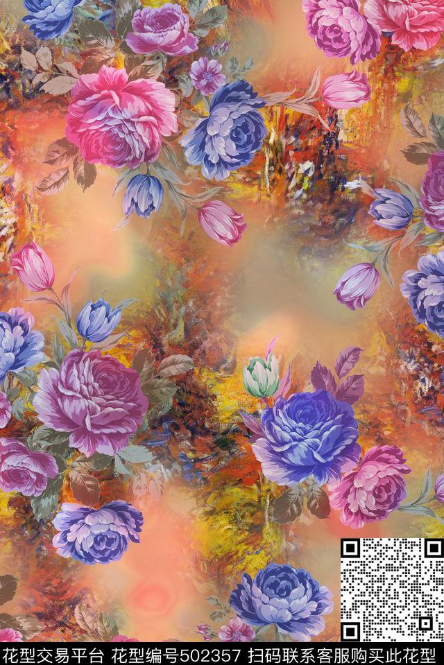 复古牡丹油画底数码印花华亿平台下载（图片编号: 502357） - 瓦栏（Walan）