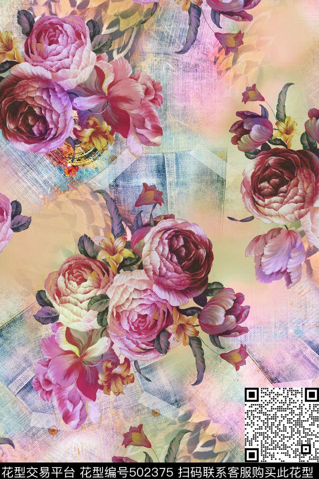 复古牛仔布纹茶花数码印花华亿平台下载（图片编号: 502375） - 瓦栏（Walan）