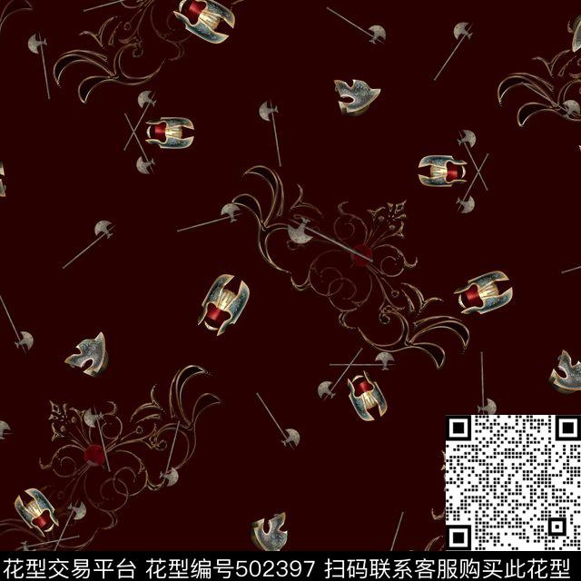 男装衬衫骑士、铠甲、头盔、欧式花纹、长柄斧男装衬衫栏数码印花华亿平台下载（图片编号: 502397） - 瓦栏（Walan）