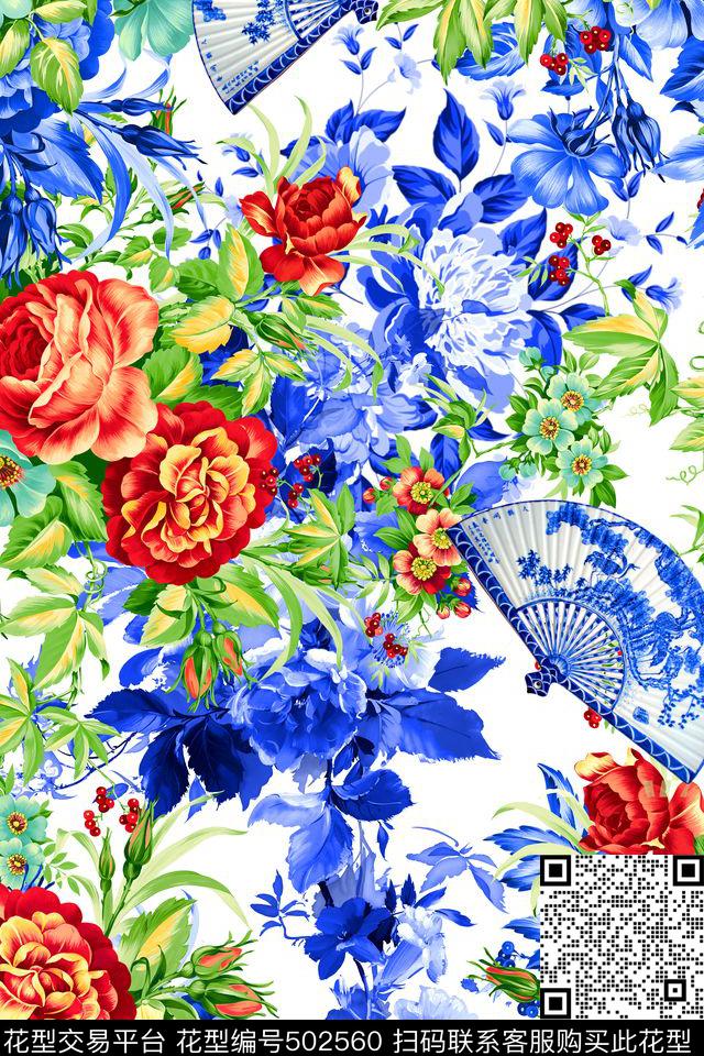 花卉组合青花瓷扇子数码印花华亿平台下载（图片编号: 502560） - 瓦栏（Walan）