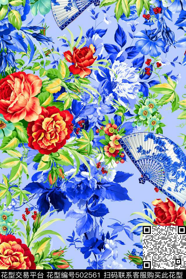 花卉组合青花瓷扇子数码印花华亿平台下载（图片编号: 502561） - 瓦栏（Walan）