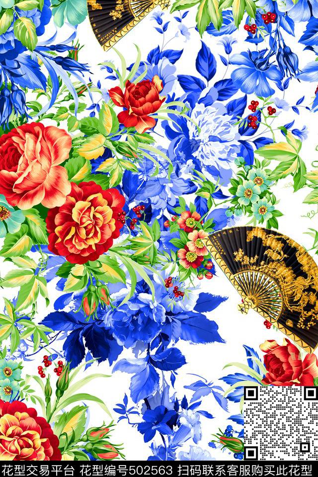 花卉组合青花瓷扇子数码印花华亿平台下载（图片编号: 502563） - 瓦栏（Walan）