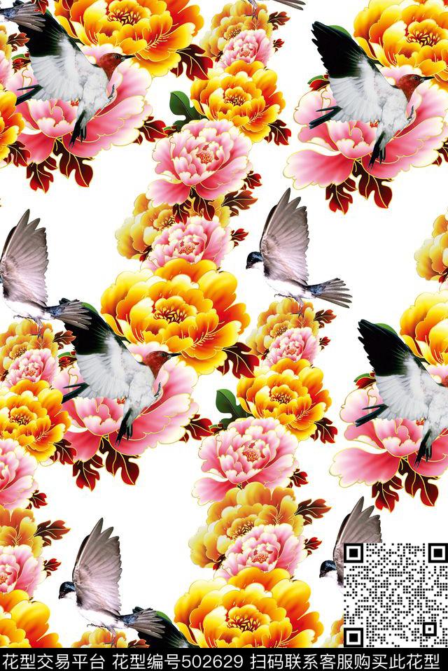 富贵牡丹鸟类数码印花华亿平台下载（图片编号: 502629） - 瓦栏（Walan）