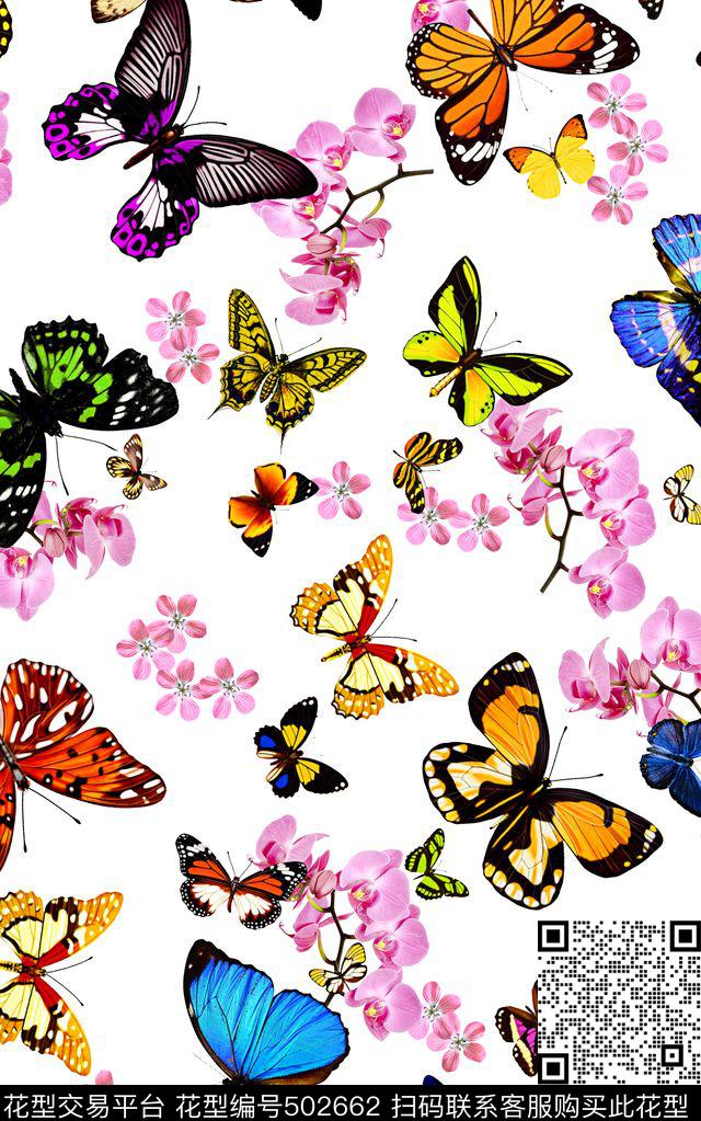 春夏流行时尚清爽满幅蝴蝶花数码印花华亿平台下载（图片编号: 502662） - 瓦栏（Walan）