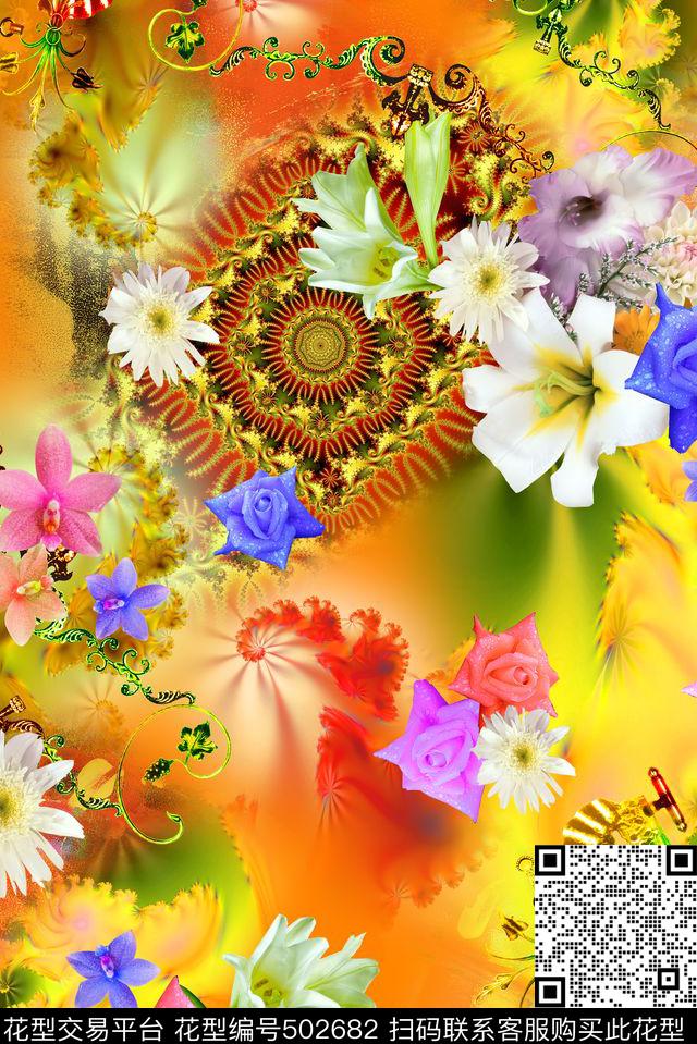 时尚分型图案玫瑰数码印花华亿平台下载（图片编号: 502682） - 瓦栏（Walan）