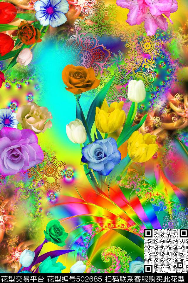 时尚玫瑰卷草数码印花华亿平台下载（图片编号: 502685） - 瓦栏（Walan）