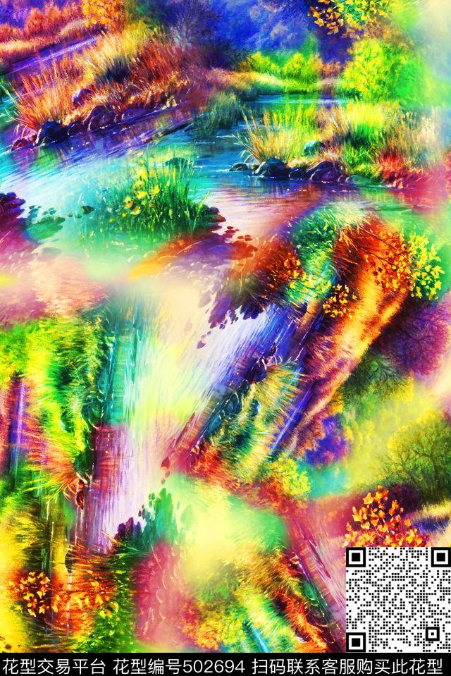 时尚风景画炫彩数码印花华亿平台下载（图片编号: 502694） - 瓦栏（Walan）