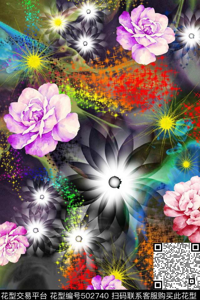 抽象星光牡丹数码印花华亿平台下载（图片编号: 502740） - 瓦栏（Walan）