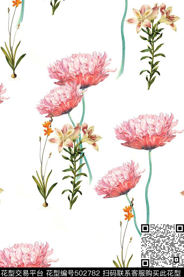 花卉手绘清爽数码印花华亿平台下载（图片编号: 502782） - 瓦栏（Walan）