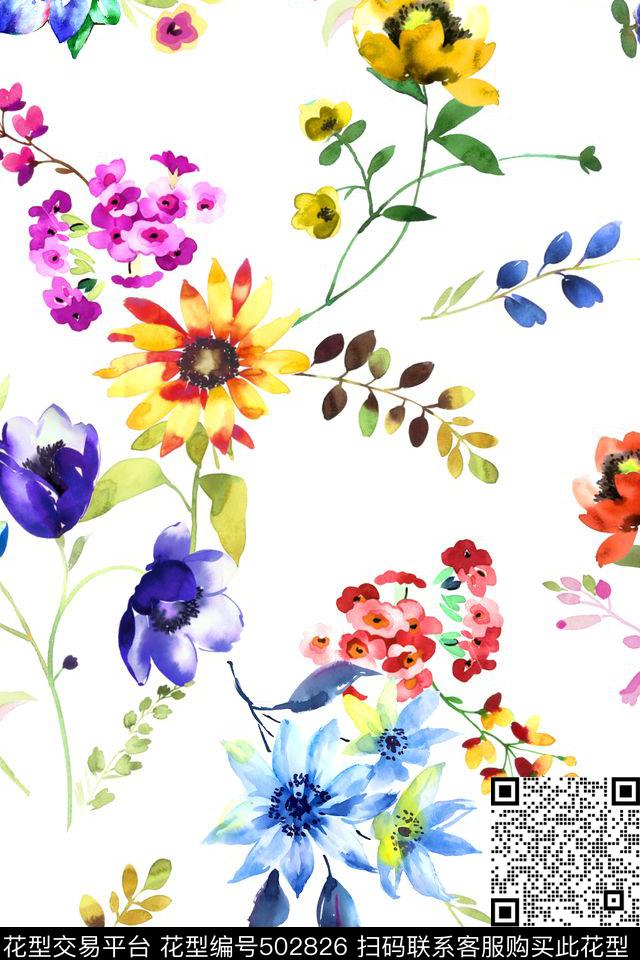 时尚水彩花卉数码印花华亿平台下载（图片编号: 502826） - 瓦栏（Walan）
