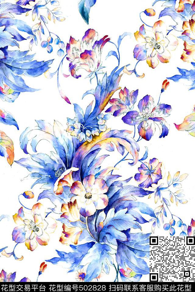 时尚水彩花卉数码印花华亿平台下载（图片编号: 502828） - 瓦栏（Walan）