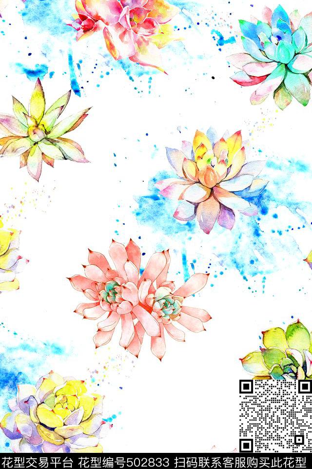时尚水彩花卉多肉数码印花华亿平台下载（图片编号: 502833） - 瓦栏（Walan）