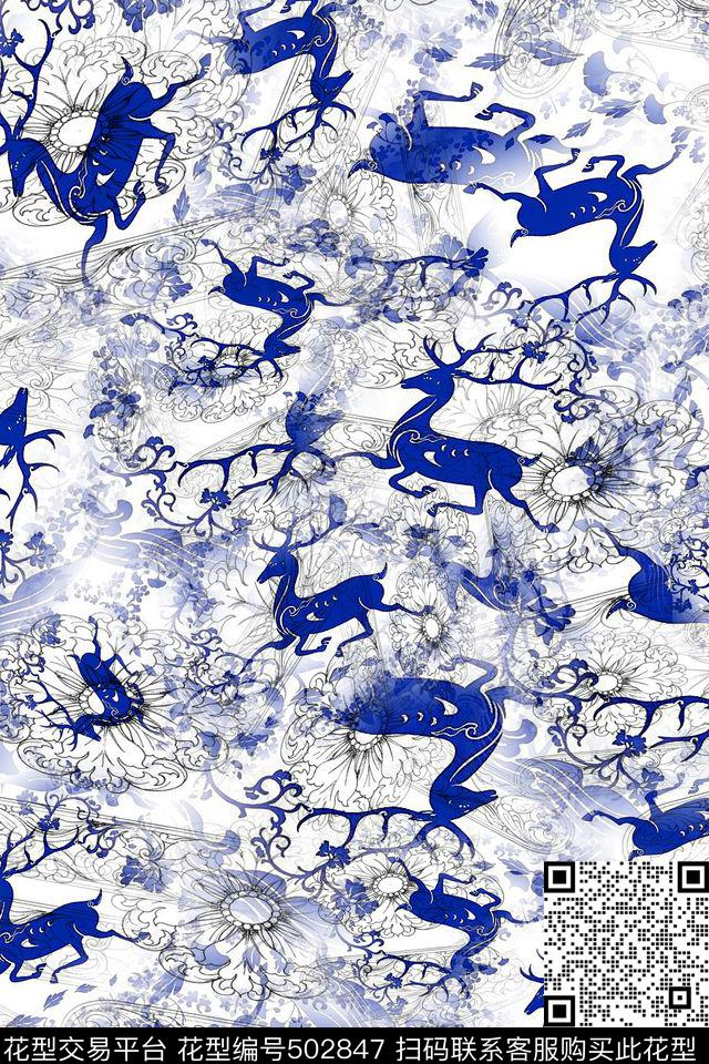 藏羚羊通青花瓷风靛青蓝民族风数码印花华亿平台下载（图片编号: 502847） - 瓦栏（Walan）