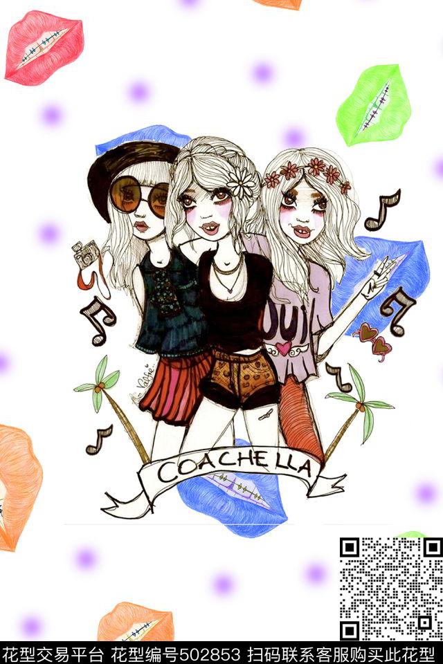 手绘卡通女孩数码印花华亿平台下载（图片编号: 502853） - 瓦栏（Walan）