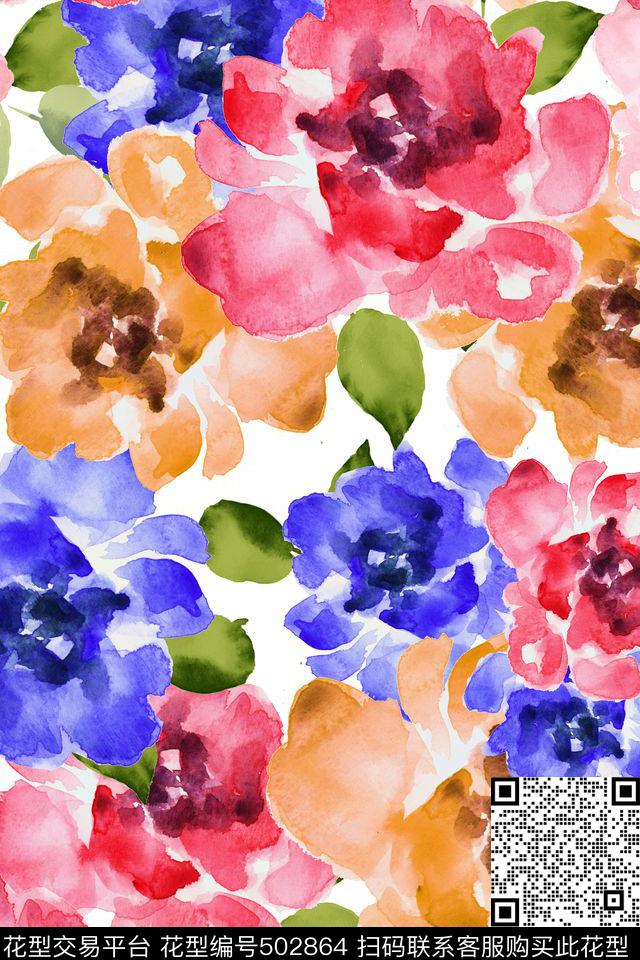 水彩花卉流行时尚数码印花华亿平台下载（图片编号: 502864） - 瓦栏（Walan）