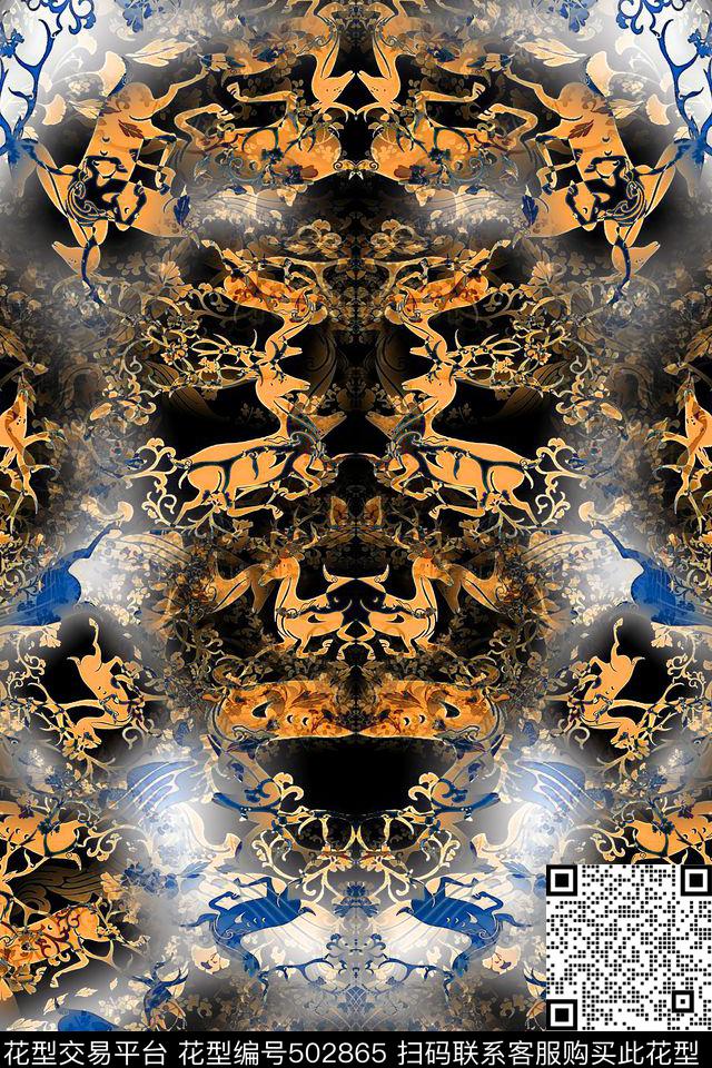 复古风暗金色藏羚羊组合宫廷风数码印花华亿平台下载（图片编号: 502865） - 瓦栏（Walan）