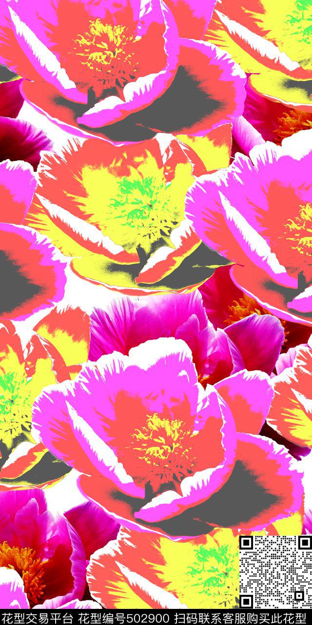 时尚简约花卉牡丹花暖色调数码印花华亿平台下载（图片编号: 502900） - 瓦栏（Walan）