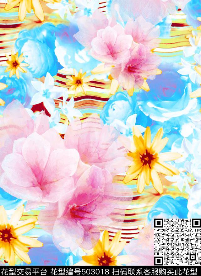流行时尚幻彩复古条纹花卉欧美数码印花华亿平台下载（图片编号: 503018） - 瓦栏（Walan）