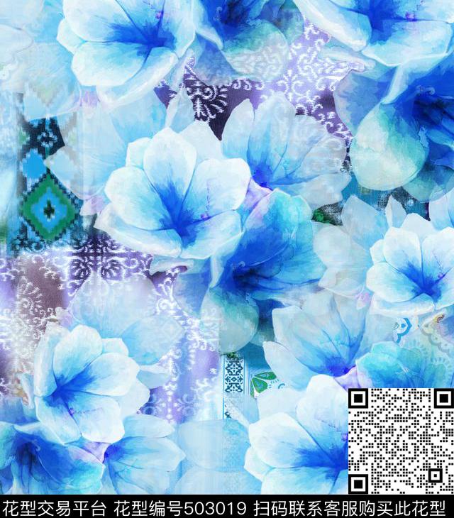 流行时尚幻彩复古花卉欧美数码印花华亿平台下载（图片编号: 503019） - 瓦栏（Walan）